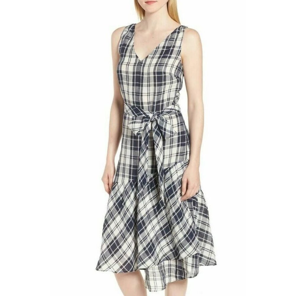 NORDSTROM SIGNATURE Faux Wrap Linen Plaid Dress w/Navy Tie Size 2 Navy White D2